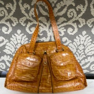 Cognac colored genuine Italian leather handbag. Croco embossed